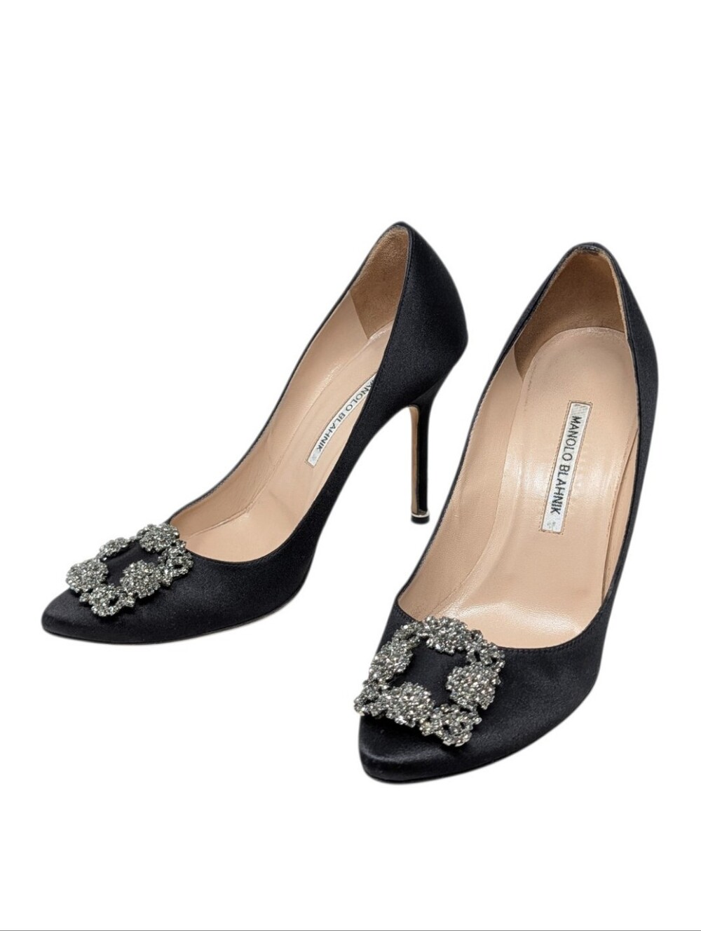 Manolo Blahnik Black Satin Crystal Buckle Hangisi Heels Pump Size EU 39.5